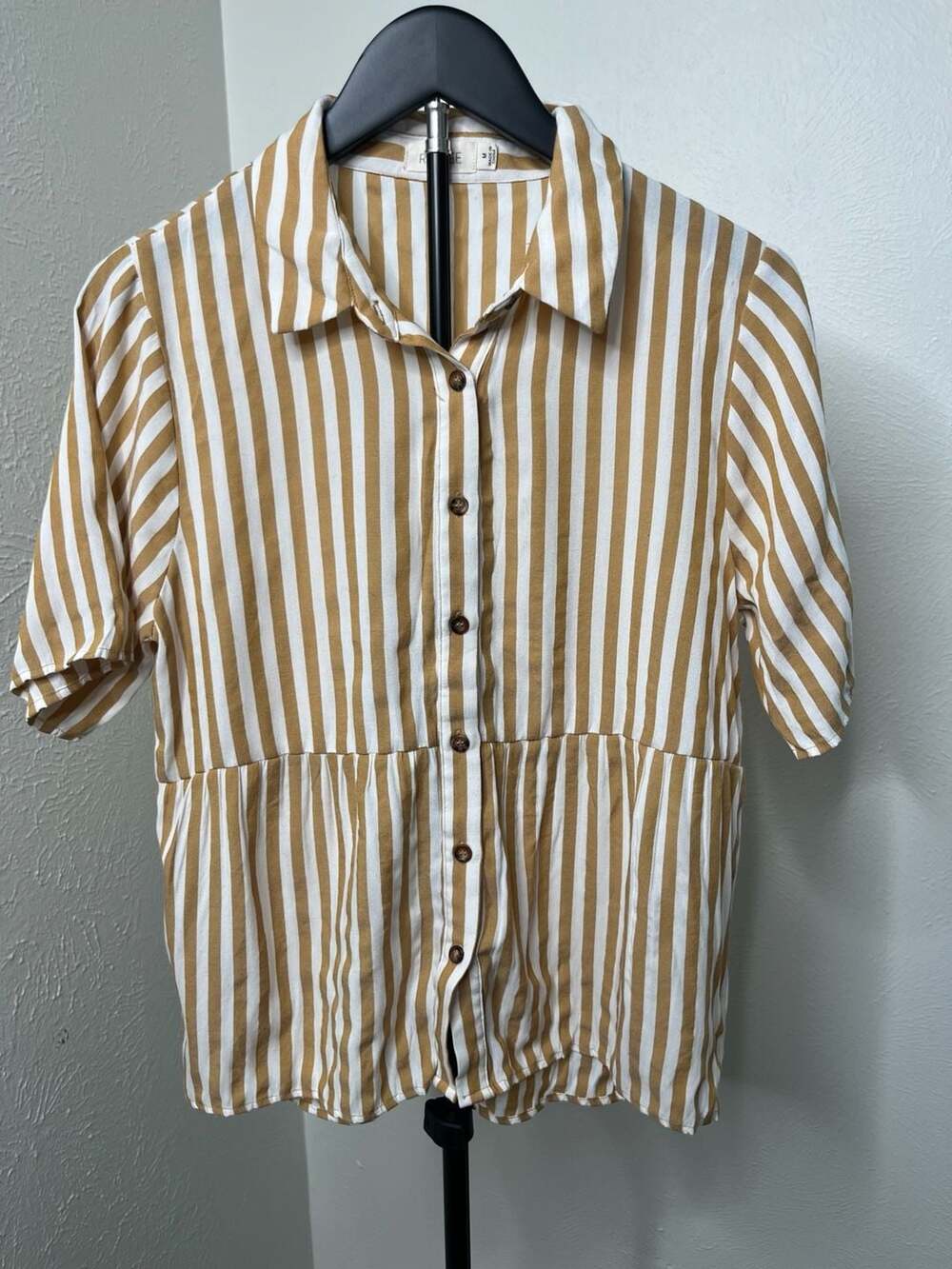 Mustard Yellow White Striped Button-Down Peplum Ruffle Hem Blouse Top